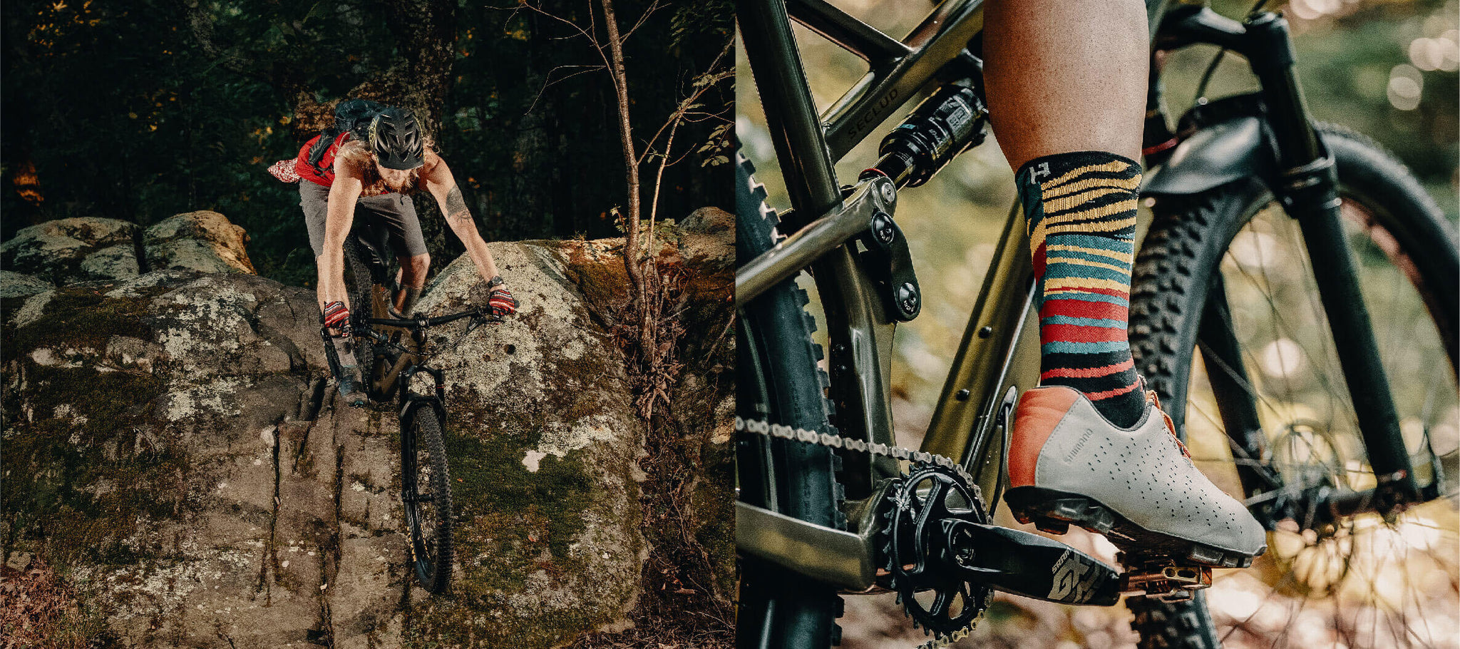 Seclud bike being ridden down a rock