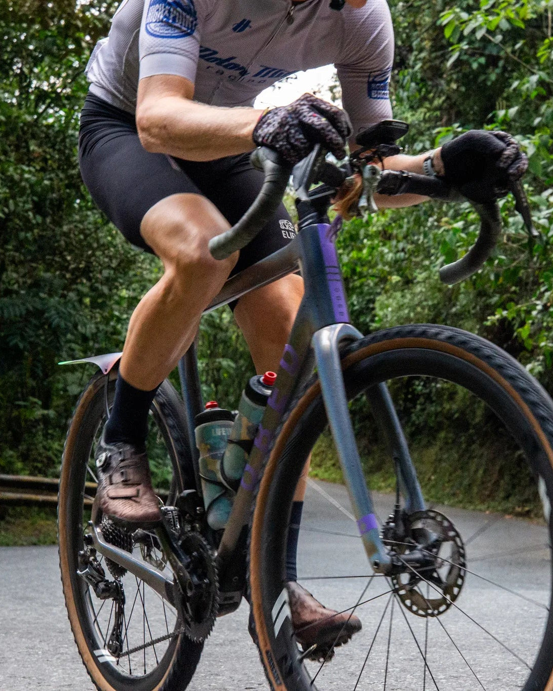 Person riding a GVR on a road surrounded by greenery