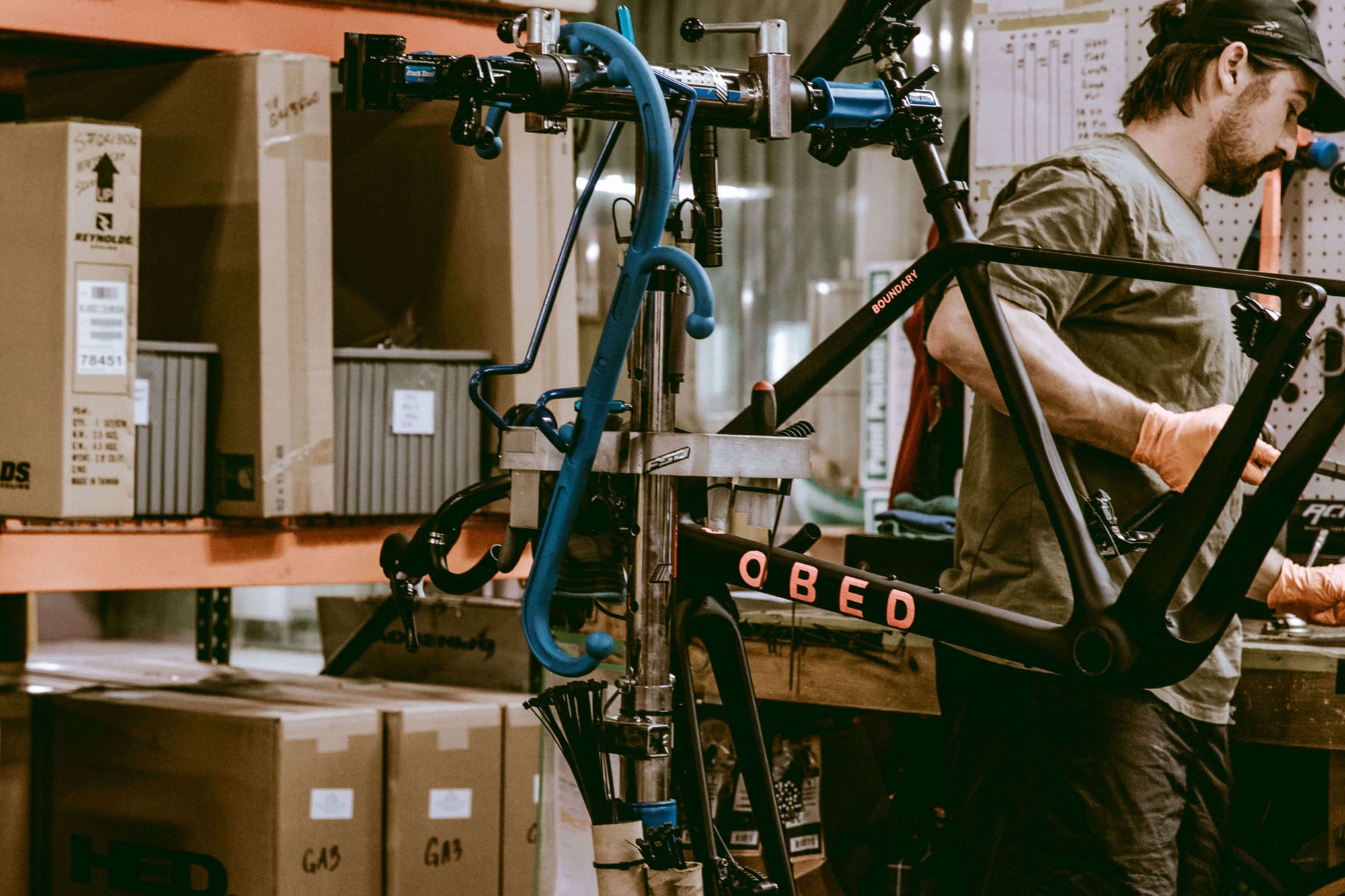 Handpainted OBED gravel bike being assembled by mechanic in the Chattanooga, USA factory
