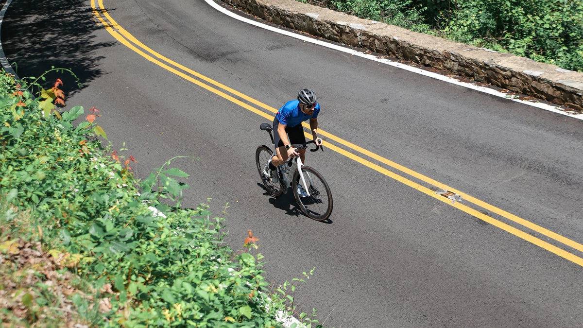 A cyclist in a blue and black jersey rides a road bike along a winding asphalt road surrounded by dense green trees and vegetation.